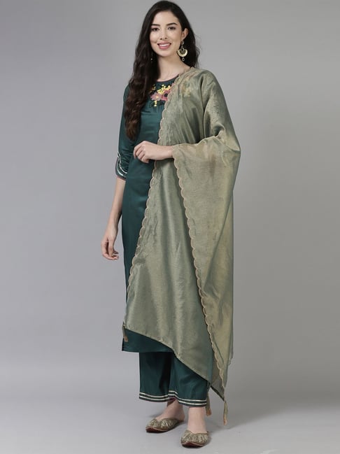 Indo Era Teal Green Embroidered Kurta Palazzo Set With Dupatta Price in India