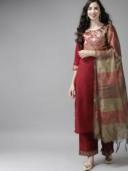 Indo Era Maroon Woven Pattern Kurta Palazzo Set With Dupatta Price in India