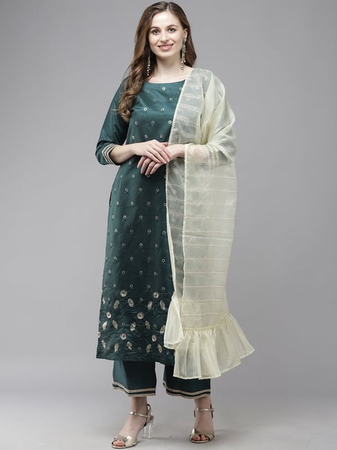 Indo Era Teal Green Pure Cotton Embroidered Kurta Pant Set With Dupatta Price in India