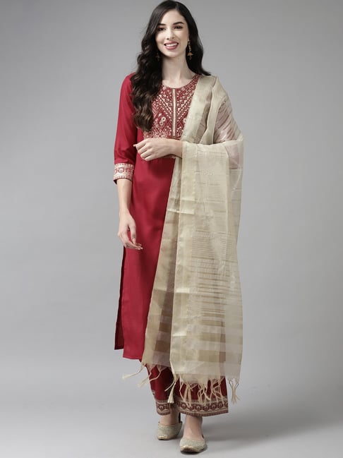 Indo Era Maroon Woven Pattern Kurta Palazzo Set With Dupatta Price in India