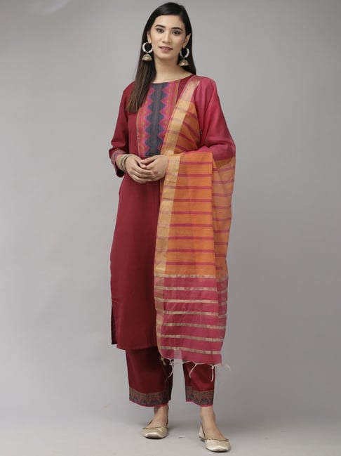 Indo Era Maroon Woven Pattern Kurta Palazzo Set With Dupatta Price in India