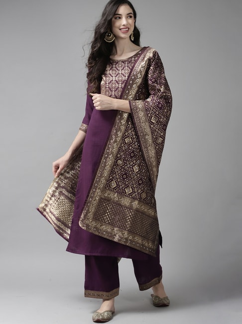 Indo Era Purple Woven Pattern Kurta Palazzo Set With Dupatta Price in India