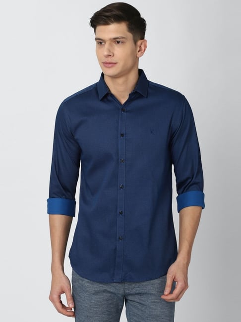 Van Heusen Navy Cotton Slim Fit Printed Shirt