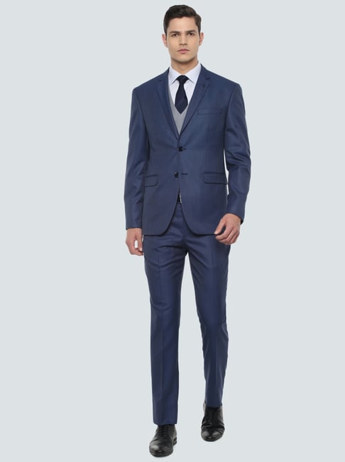 Louis Philippe Blue Slim Fit Texture Three Piece Suits