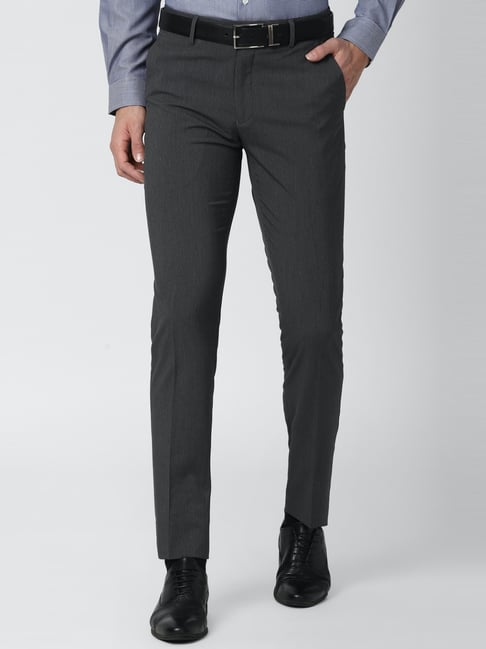 Peter England Black  Slim Fit Self Pattern Flat Front Trousers