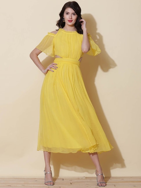 Mustard Printed With Embroidered Chiffon Gown
