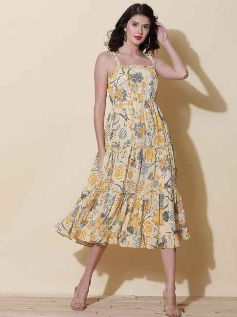Label Ritu Kumar Yellow Floral Print Dress Price in India