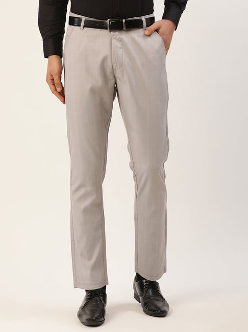 Mens Grey Cotton Blend Solid Tapered Formal Trouser
