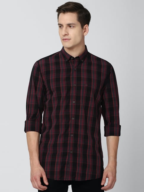 Peter England Maroon & Black  Slim Fit Checks Shirt