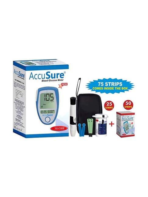 AccuSure Blood Glucometer, Lancing device with Pack of 75 strips (White)