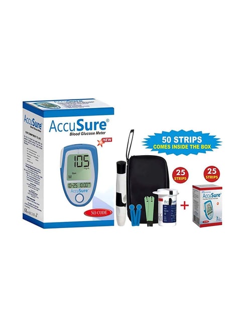 AccuSure Blood Glucometer, Lancing Device with Pack of 50 strips (White)