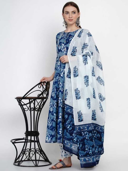 Yuris Blue & Off-White Cotton Printed Kurta Pant Set With Dupatta Price in India