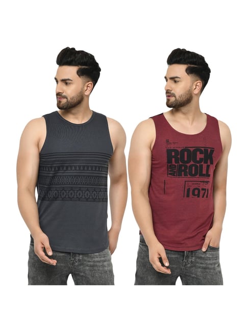 Rigo Men's Multi-Coloured Cotton Sleeveless Slim Fit T-Shirt - Pack of 2-picture-30