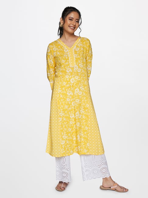 Global Desi Yellow Floral Print Kurta