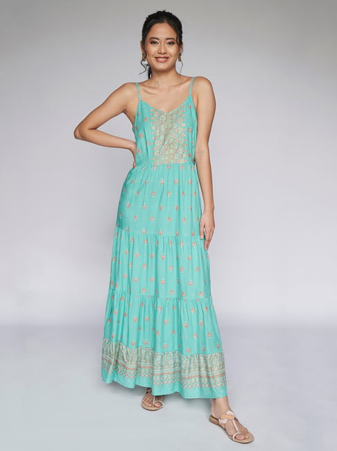 Global Desi Aqua Embroidered Dress Price in India