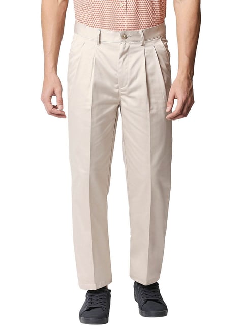 Basics brown double-side round pockets & jetted back pockets cotton trousers