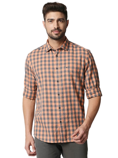 Buy Basics Orange Grey Checks Shirt for Men Online Tata CLiQ