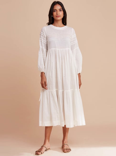Folksong By W Off-White Cotton A-Line Dress Price in India