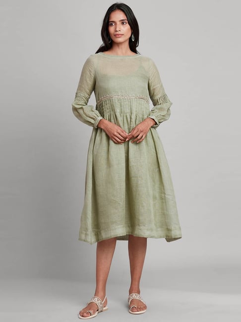 Folksong By W Green Linen A-Line Dress Price in India