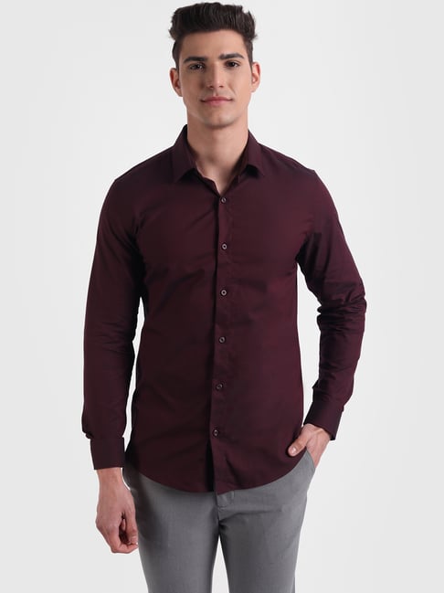 United Colors of Benetton Maroon Slim Fit Cotton Shirt