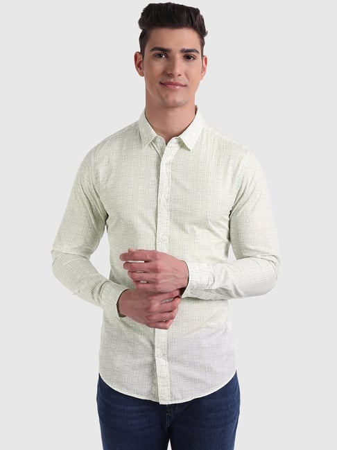 United Colors of Benetton Off White Slim Fit Printed Cotton Shirt