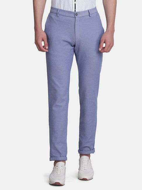 Celio Men Navy Blue Solid Slim Fit Dobby Cotton Pants Casual Trousers