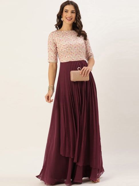 Buy Ethnovogue Maroon Beige Printed Maxi Dress for Women Online
