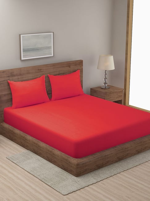 Hosta Homes Stripes Red 280 TC Poly Satin Fitted King Bed Sheet with 2 Pillow Covers-picture-11