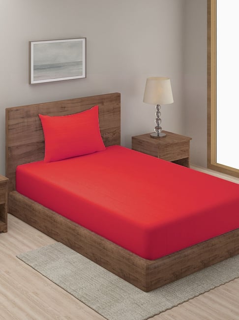 Hosta Homes Stripes Red 280 TC Poly Satin Fitted Single Bed Sheet with 1 Pillow Cover-picture-12