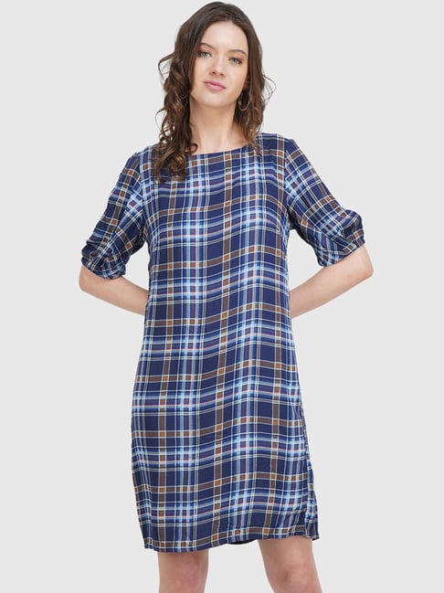 United Colors of Benetton Blue Check A-Line Dress Price in India