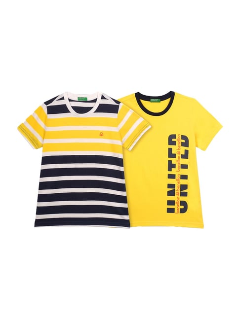 United Colors of Benetton Kids Navy & Yellow Cotton Striped T-Shirts - Pack of 2