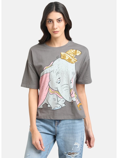 Kazo Grey Printed Crew T-Shirt Price in India