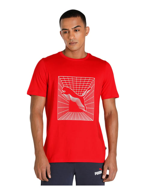 Puma Red Cotton Regular Fit Printed T-Shirt