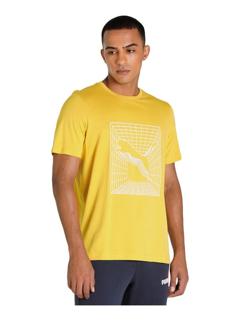 Puma Yellow Cotton Regular Fit Printed T-Shirt