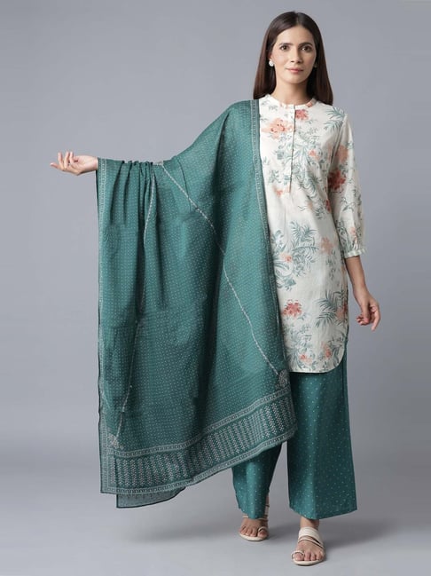 W Green Cotton Printed Dupatta