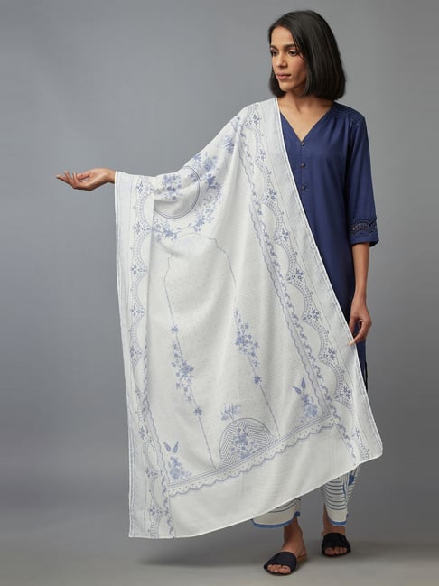 W White & Blue Cotton Printed Dupatta