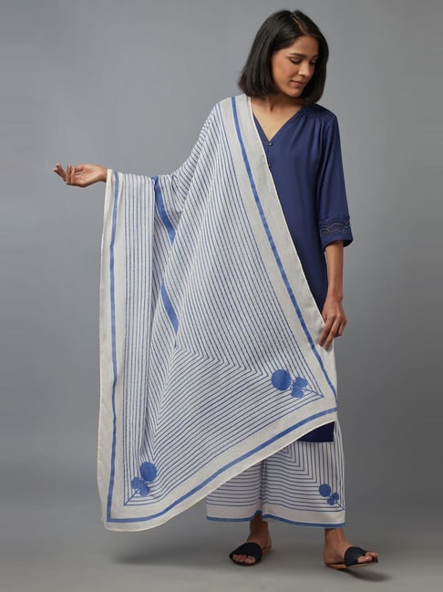 W White & Blue Cotton Printed Dupatta