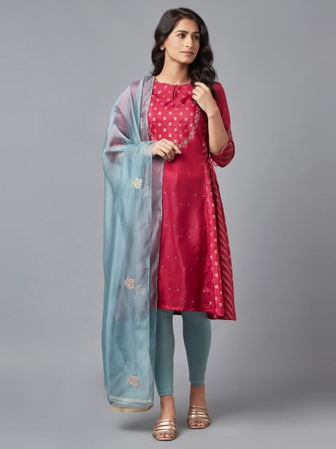 W Red Floral Print Kurta Tight Set With Dupatta