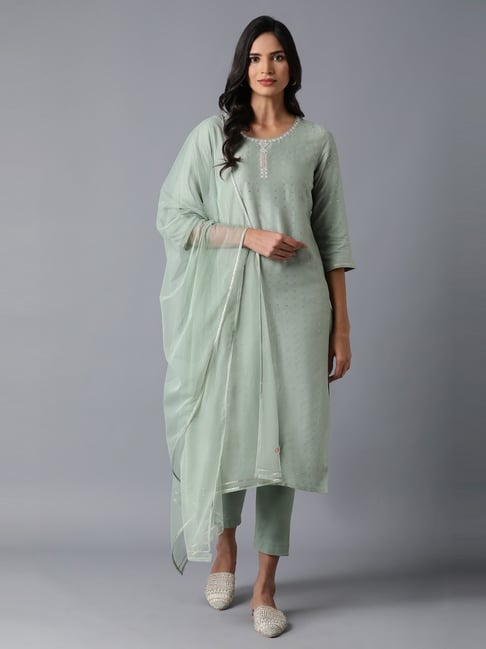 W Green Embroidered Kurta Pant Set With Dupatta