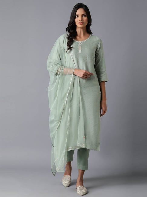 W Green Embroidered Kurta Pant Set With Dupatta Price in India