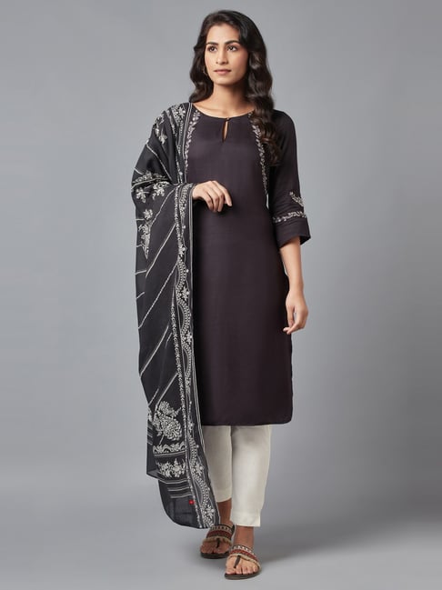 W Black Floral Print Kurta Pant Set With Dupatta