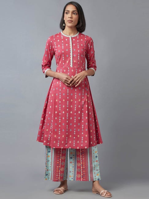 W Pink Cotton Printed Kurta Pant Set Price in India