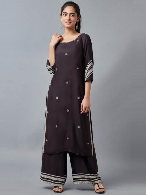 W Black Floral Print Kurta Pant Set