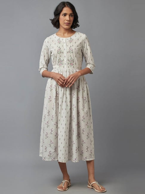 W White Cotton Floral Print A-Line Dress Price in India