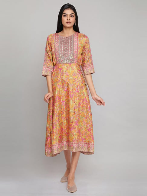 W Yellow Floral Print A-Line Dress Price in India