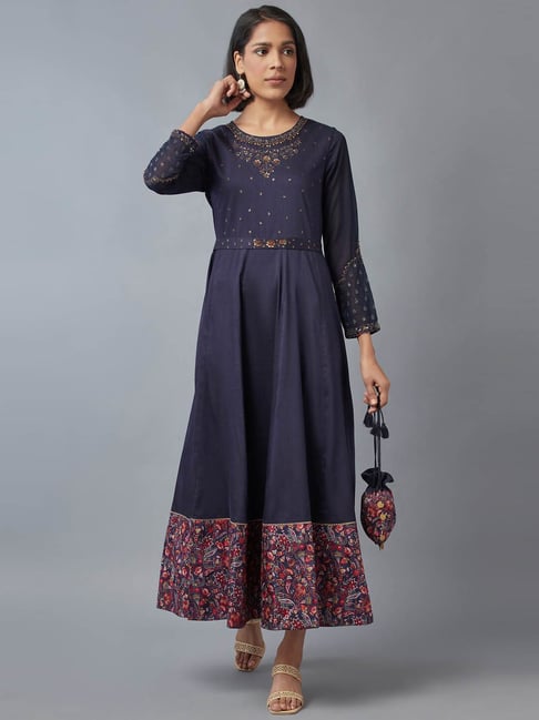 Wishful by W Blue Embellished A-Line Dress Price in India