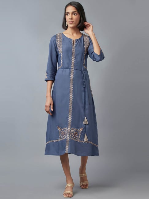 W Blue Embroidered A-Line Dress Price in India