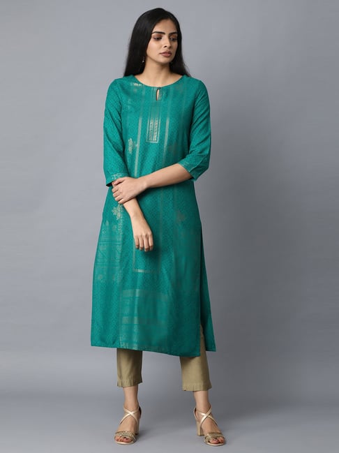 W Green Geometric Print Straight Kurta Price in India