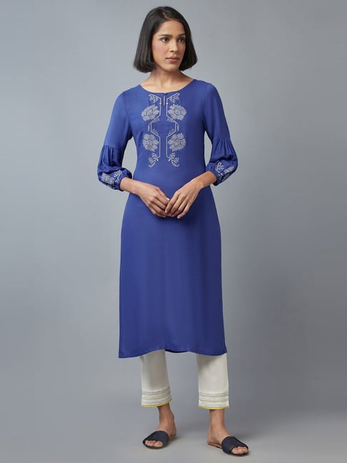 W Blue Floral Print Straight Kurta Price in India