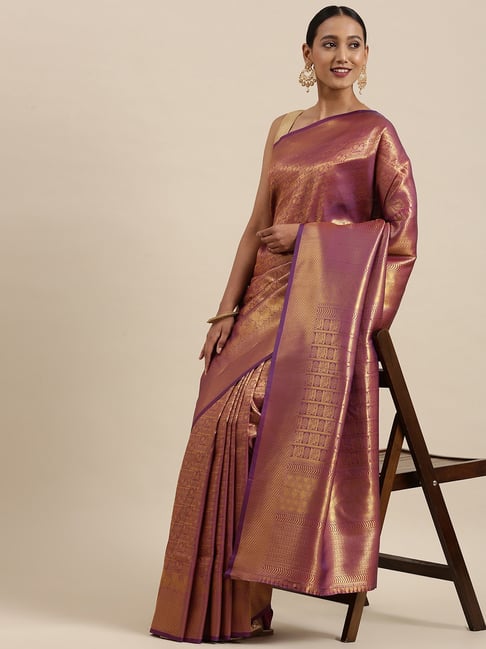 Sharaa Ethnica Purple Silk Woven Saree With Unstitched Blouse Price in India